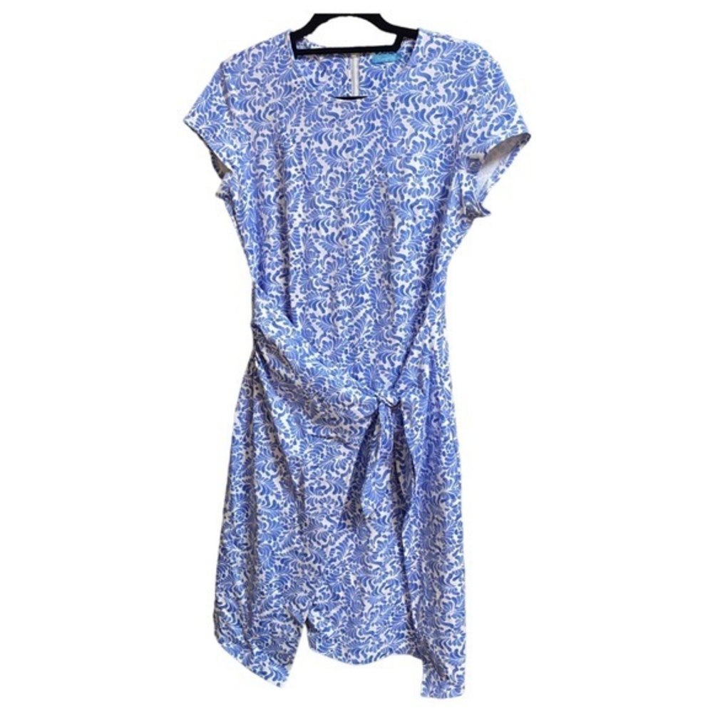 J. McLaughlin Women's Small Havana Wrap Front Dress - Blue & White Leaf Pattern